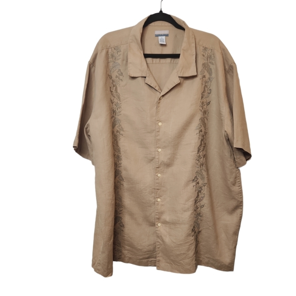 Breakwater Men's Tan Linen Embroidered Button Down Short Sleeve Shirt Size XXL
